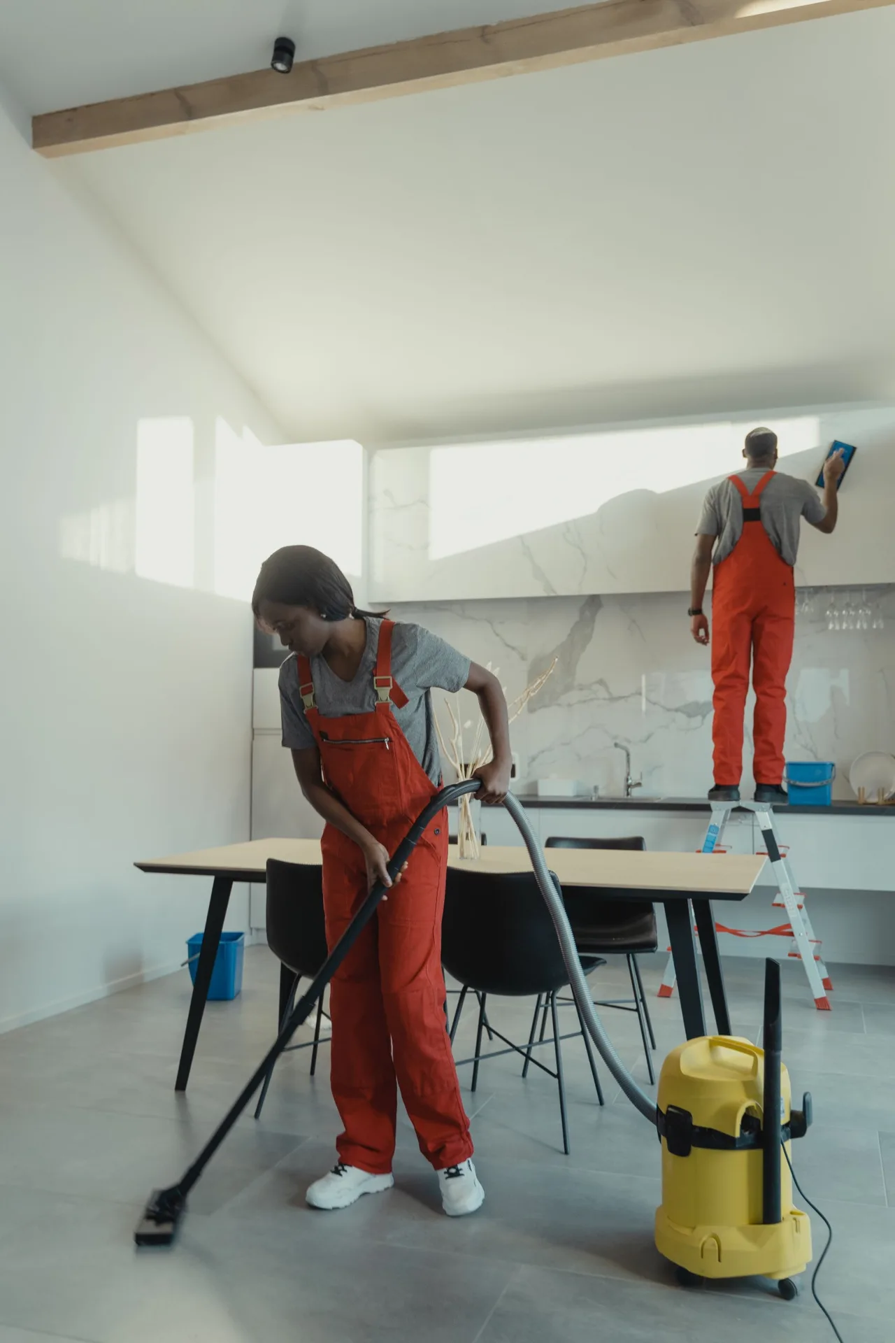 Cleaning work in a spacious kitchen